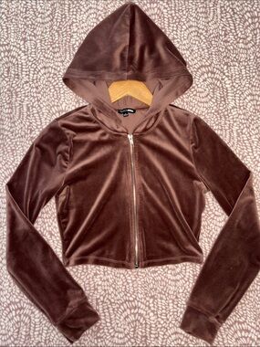 Brown Velvet Zip-Up Hooded Jacket